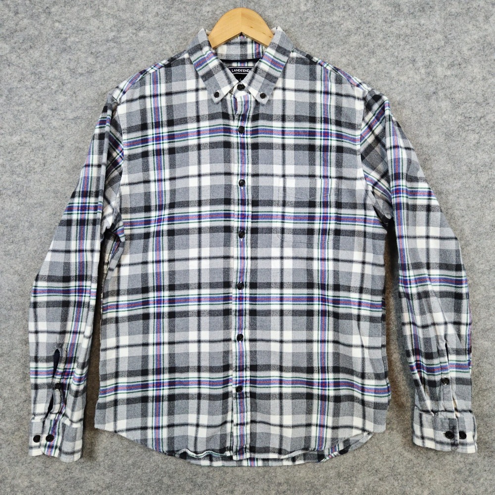 Lands End Men's Gray Plaid Flannel Shirt Size‎ L 16-16 1/2 Slim Fit 100% Cotton